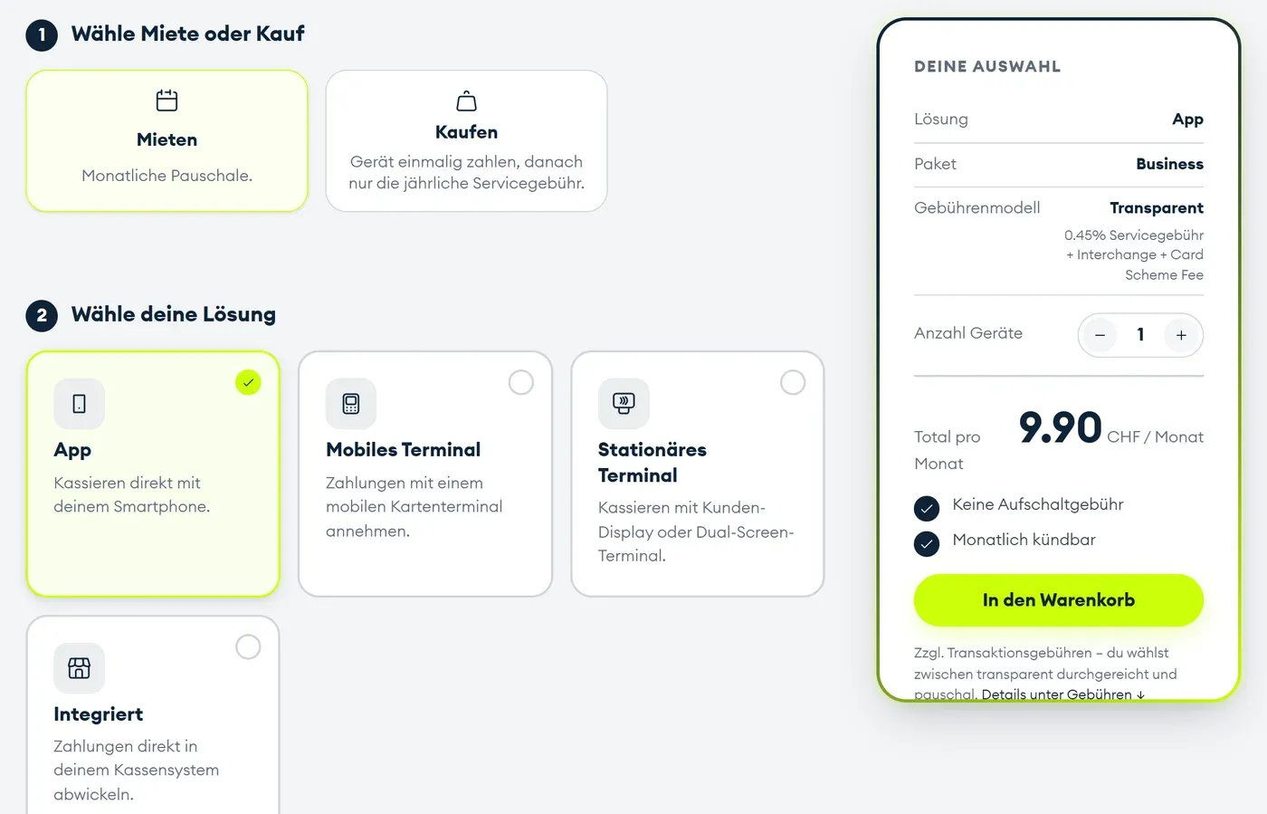 Preisrechner von Aduno Pay mit monatlichem Paketpreis