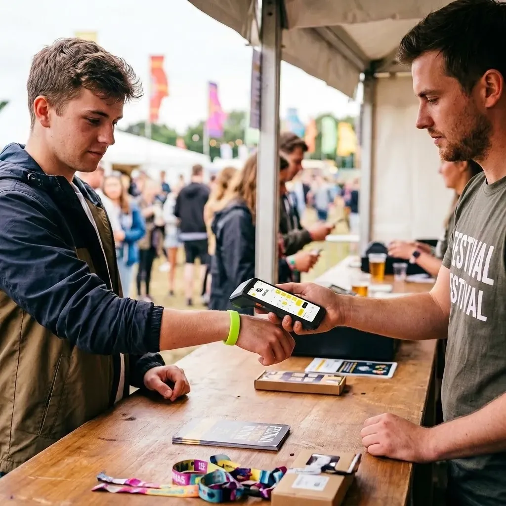 Eine Besucherin hält ihr Festival-Armband an das Terminal am Barstand, auf dem Bildschirm steht der Betrag