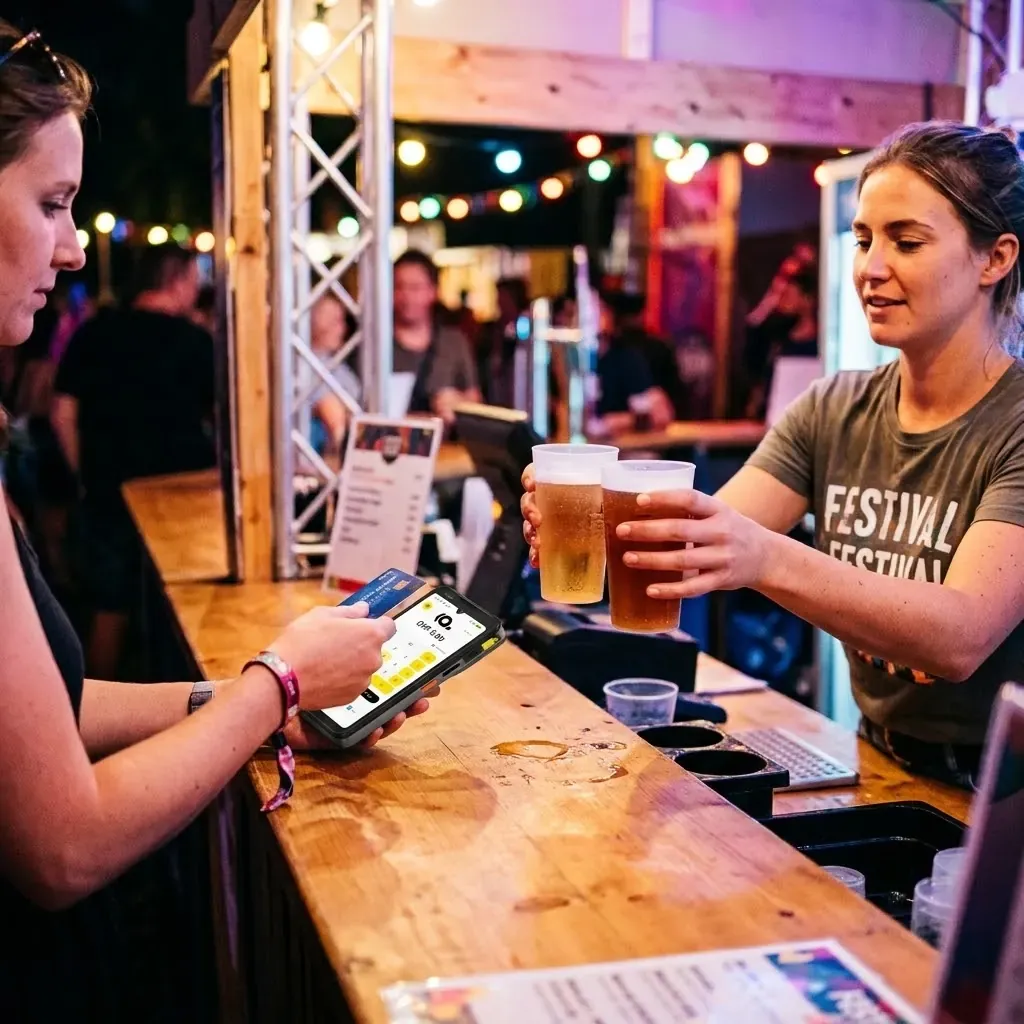 An einer Festivalbar hält eine Besucherin ihre Karte an das Kassengerät, während die Barfrau zwei Becher über den Tresen stellt