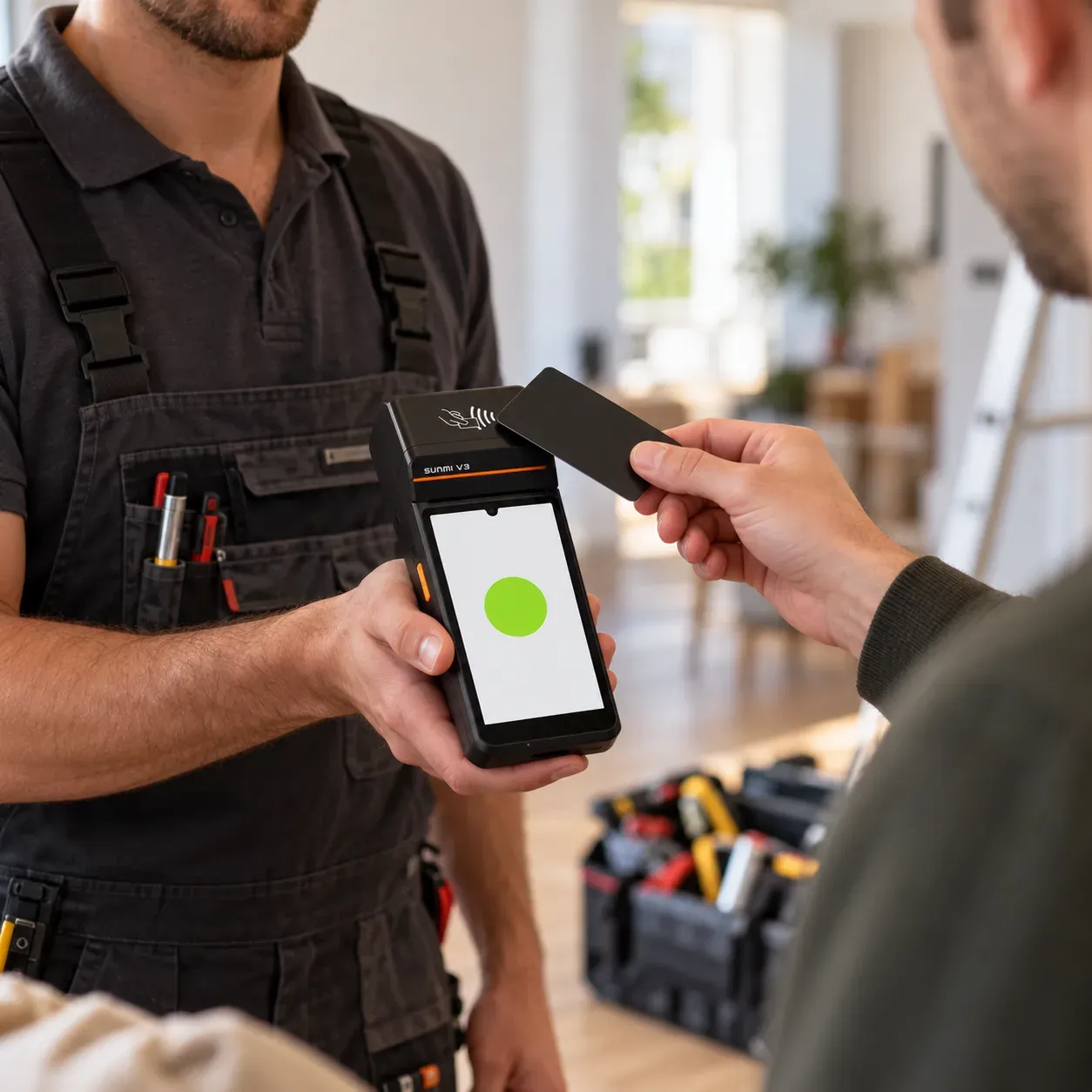 Ein Monteur schliesst beim Kunden in der Wohnung den Auftrag ab und hält ihm das mobile Terminal zum Bezahlen hin