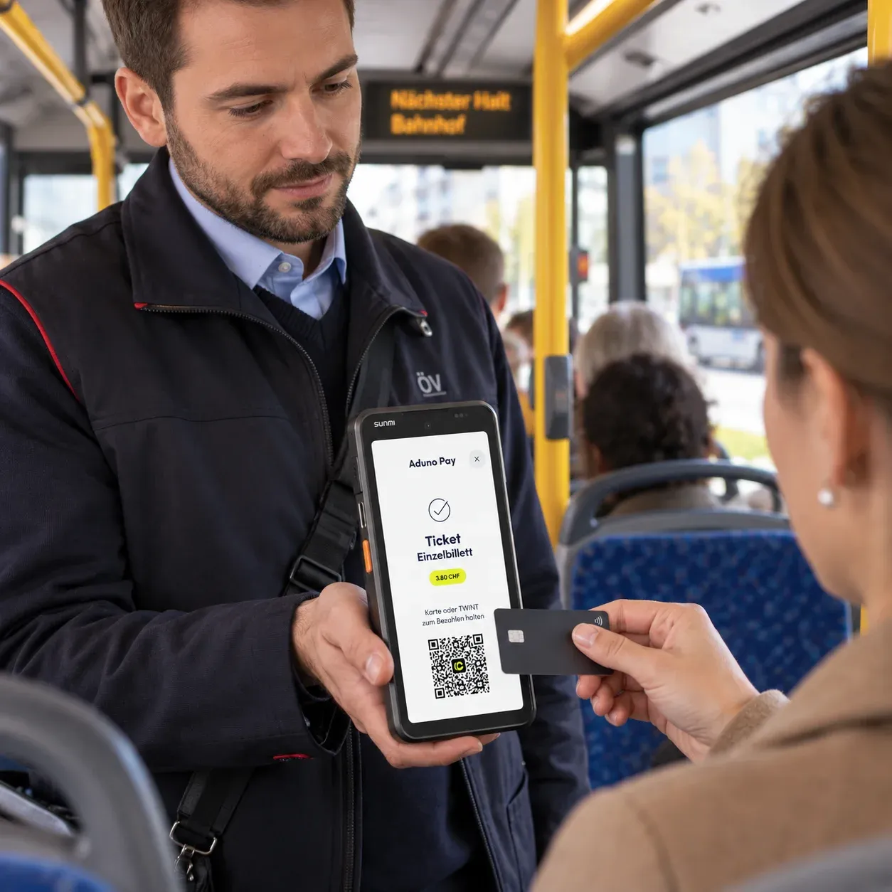 Ein Kondukteur im Bus hält einer Fahrgästin das Terminal mit einem Einzelbillett hin, sie bezahlt kontaktlos mit der Karte