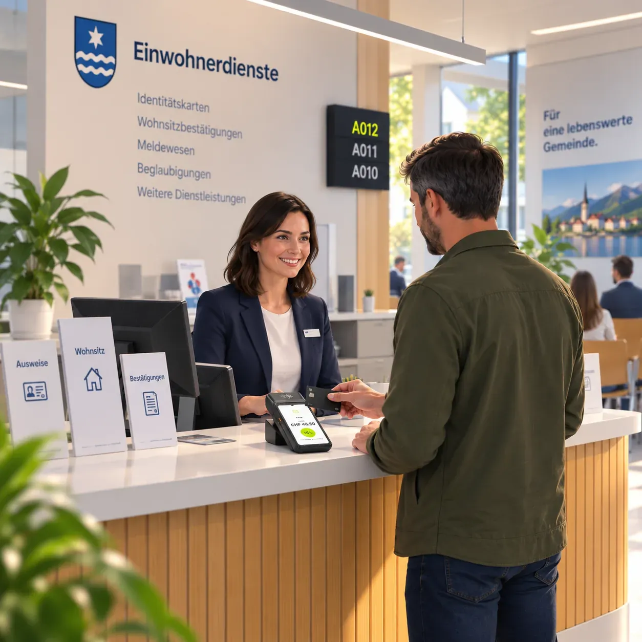 Am Schalter der Einwohnerdienste hält ein Mann seine Karte an ein Zahlungsterminal, die Mitarbeiterin schaut zu