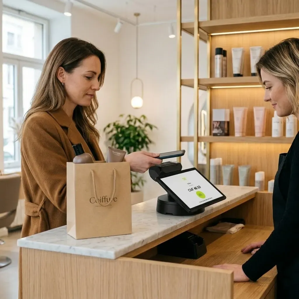 Am Empfangstresen eines Coiffeursalons bezahlt eine Kundin kontaktlos am Kassengerät, daneben liegt das gekaufte Pflegeprodukt