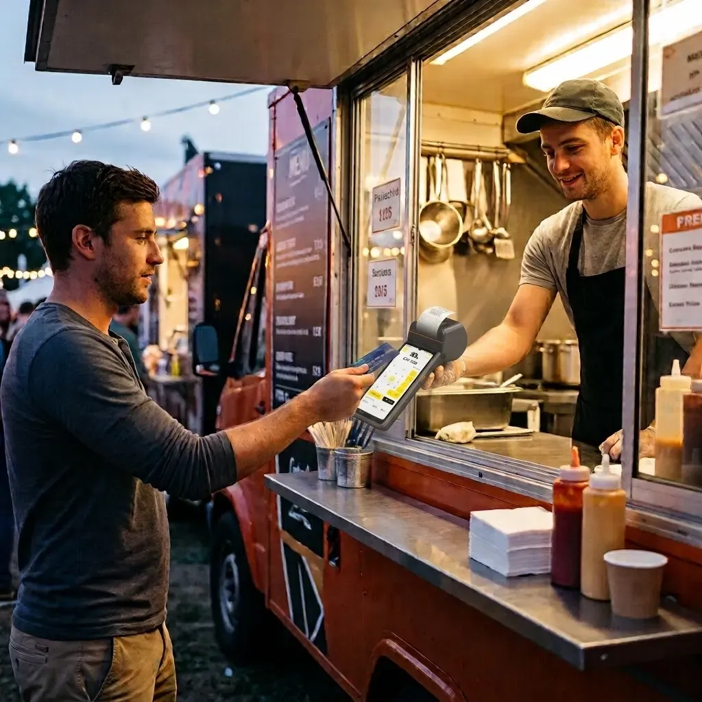 Am Fenster eines Foodtrucks bezahlt ein Gast kontaktlos am Kassengerät, daneben läuft der Bon aus dem Drucker