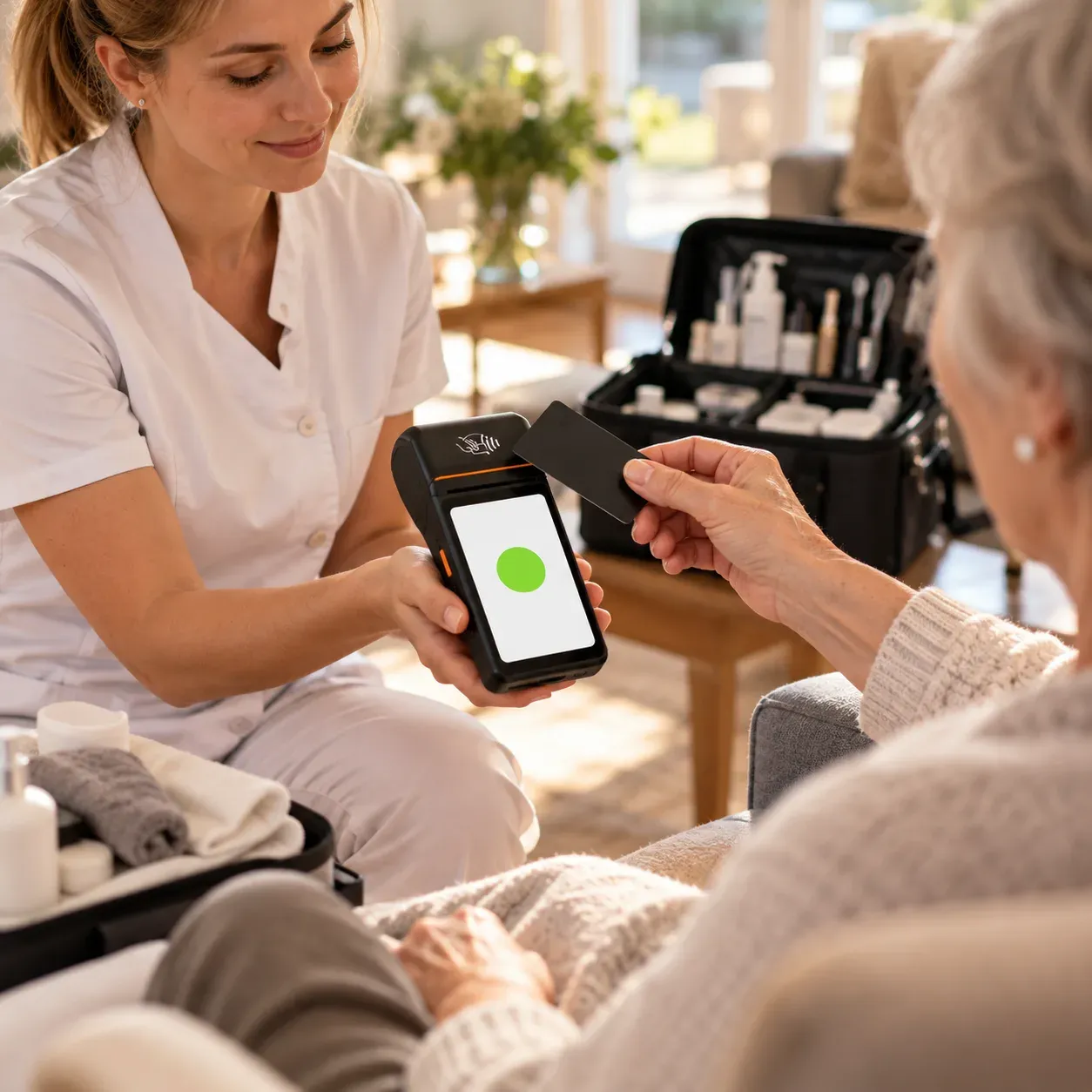 Eine mobile Fusspflegerin schliesst den Hausbesuch ab, die Kundin bezahlt kontaktlos am mobilen Terminal