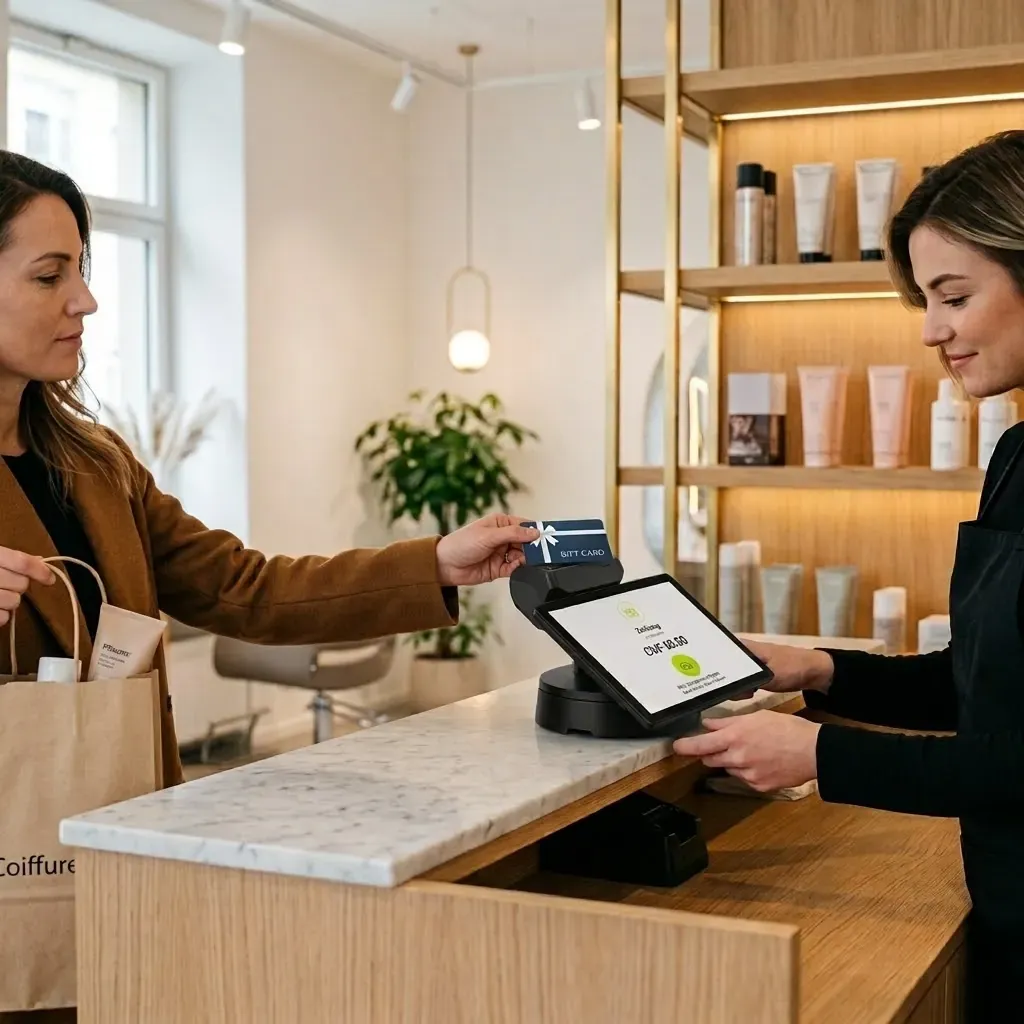 Eine Kundin hält an der Kasse eine Geschenkgutscheinkarte in der Hand, auf dem Gerät steht der Betrag