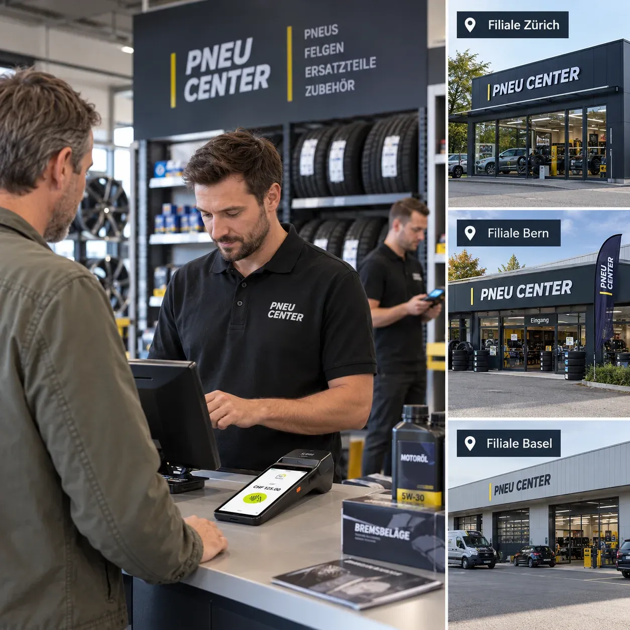 An der Verkaufstheke eines Pneu-Centers bezahlt ein Kunde am Terminal, daneben drei Filialen des Betriebs in Zürich, Bern und Basel