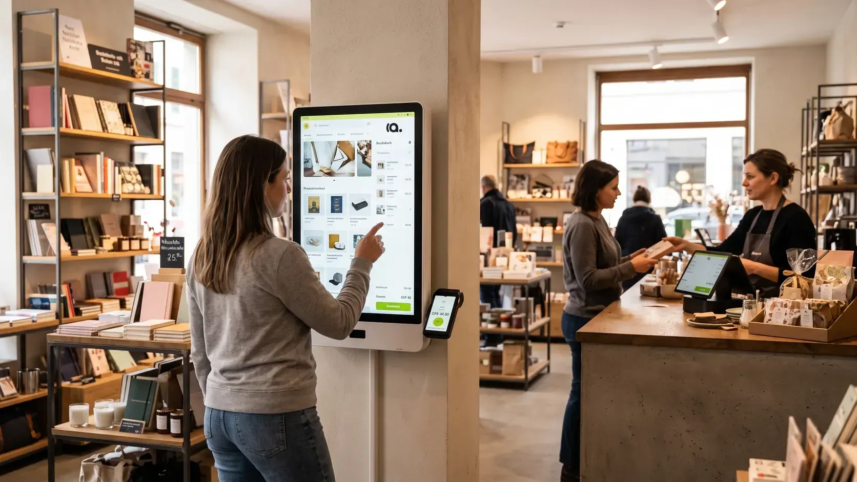 Ein Ladenlokal mit Regal und Theke: Eine Kundin tippt an einem grossen Self-Order-Screen, im Hintergrund berät eine Verkäuferin eine andere Kundin