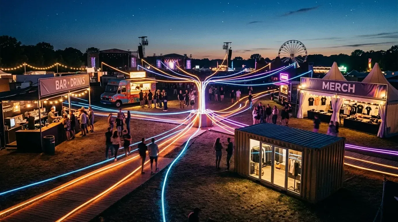 Ein Festivalgelände am Abend: Bar, Foodtruck, Merch-Zelt und Pop-up-Container, von leuchtenden Linien zu einem Punkt in der Mitte verbunden
