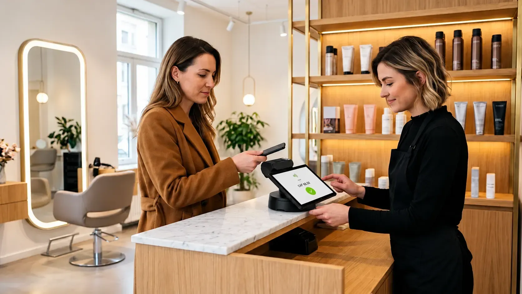 Am Empfang eines Coiffeursalons hält eine Kundin ihr Handy an das Kassengerät, die Stylistin wählt darauf das Trinkgeld; im Hintergrund Stuhl, Spiegel und Produktregal