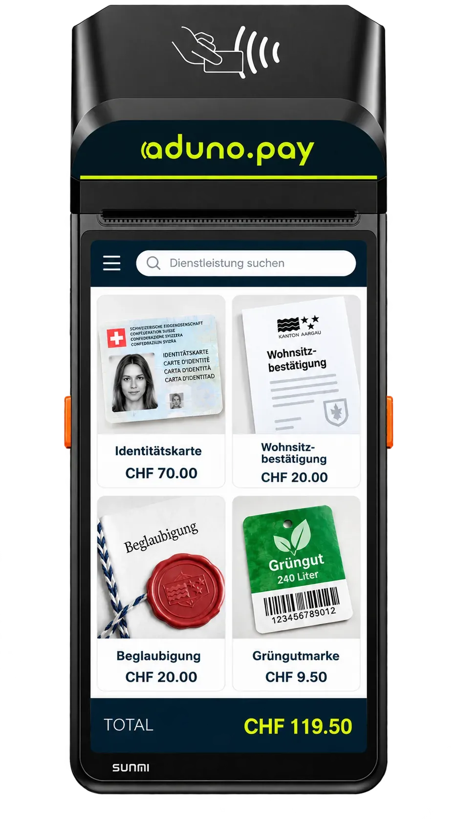 Ein Zahlungsterminal von Aduno Pay mit dem Dienstleistungskatalog einer Gemeinde auf dem Bildschirm