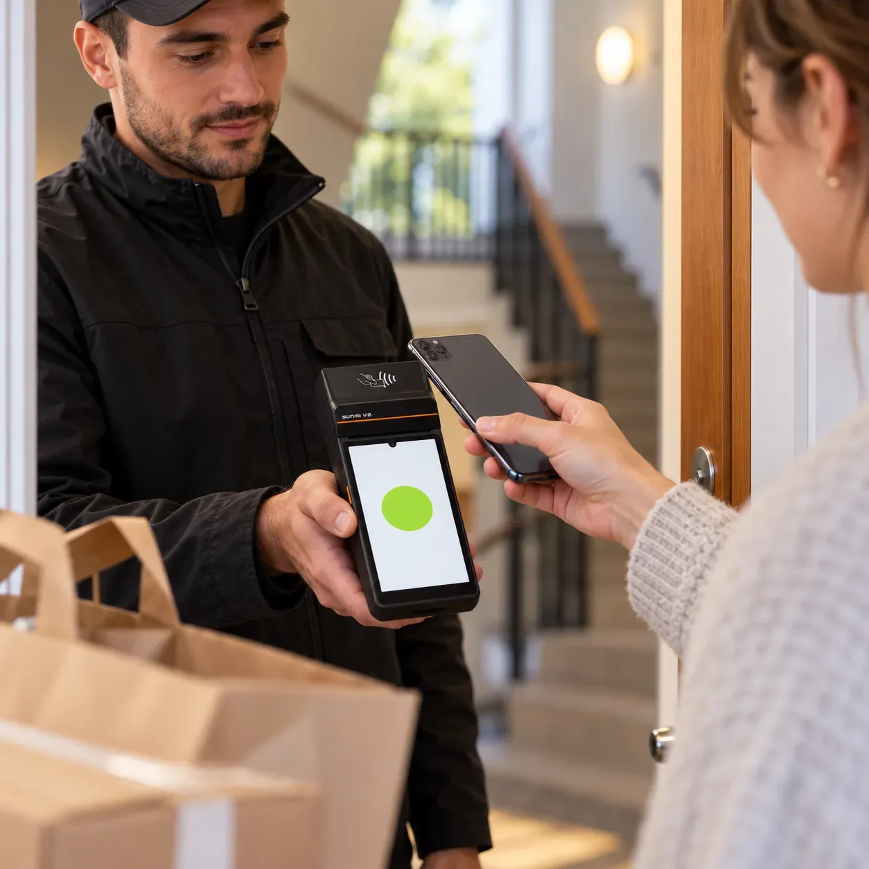 Ein Lieferfahrer hält einer Kundin an der Wohnungstür das mobile Terminal hin, sie bezahlt kontaktlos mit dem Smartphone