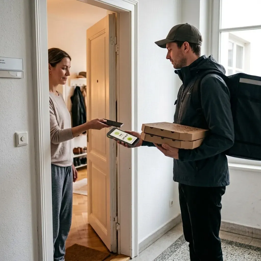 Ein Pizzakurier hält einer Kundin an der Wohnungstür das mobile Terminal hin, sie bezahlt kontaktlos mit dem Handy