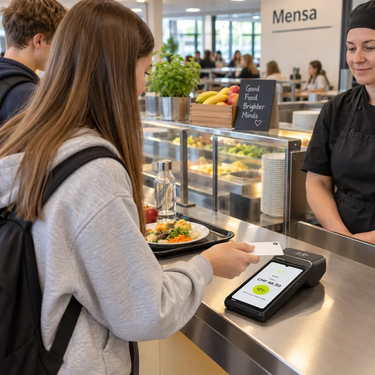 Studierende bezahlen ihr Essen an der Ausgabe einer modernen Mensa
