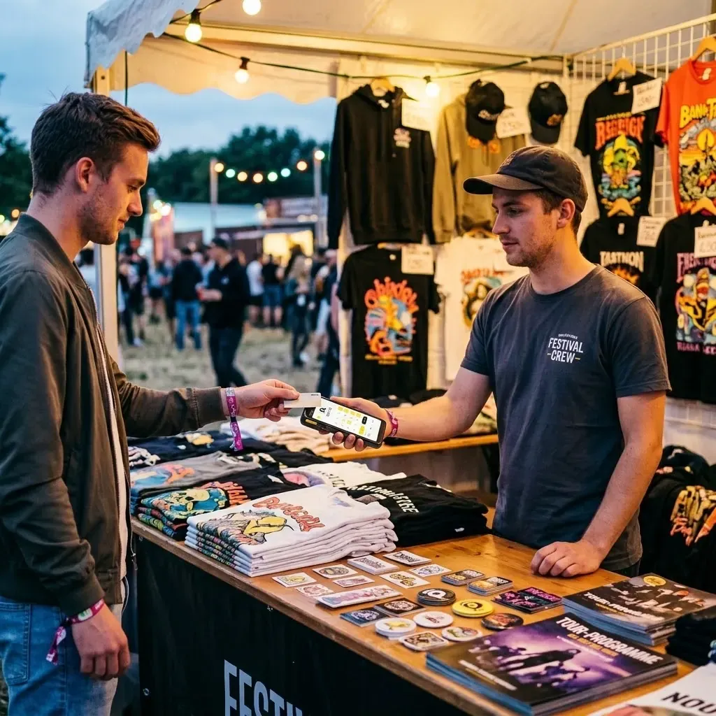 Am Merch-Stand hält eine Verkäuferin ihr Smartphone als Zahlungsterminal hin, der Käufer bezahlt kontaktlos mit der Karte