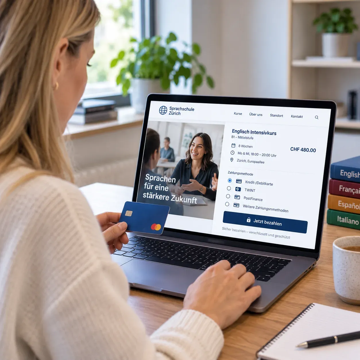 Eine Person bucht am Notebook einen Kurs und bezahlt direkt online