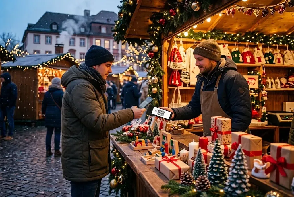 In einem Pop-up-Store auf einem Weihnachtsmarkt bezahlt eine Kundin kontaktlos am kleinen Zahlungsterminal auf dem Tresen