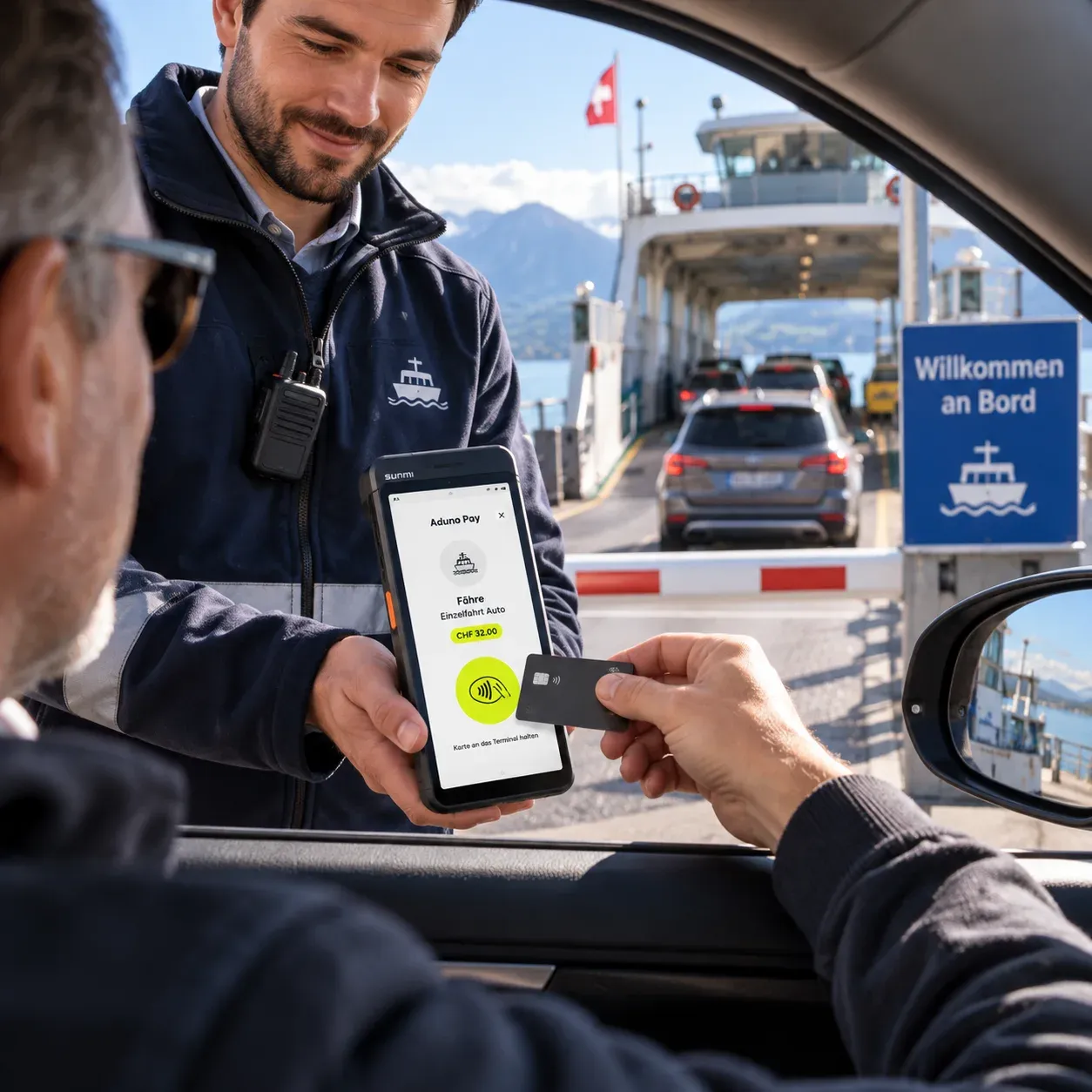 Am Anleger einer Schweizer Fähre bezahlt ein Autofahrer die Einzelfahrt kontaktlos am mobilen Terminal des Bordpersonals