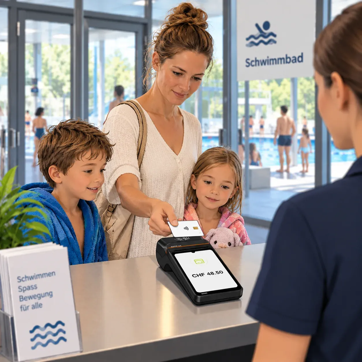 Eine Mutter mit zwei Kindern bezahlt am Eingang des Schwimmbads mit Karte, dahinter das Becken