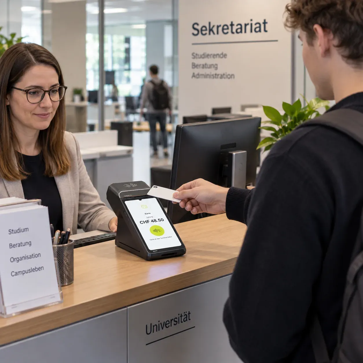 Eine Kursteilnehmerin bezahlt am Empfang einer Bildungsinstitution mit ihrer Karte