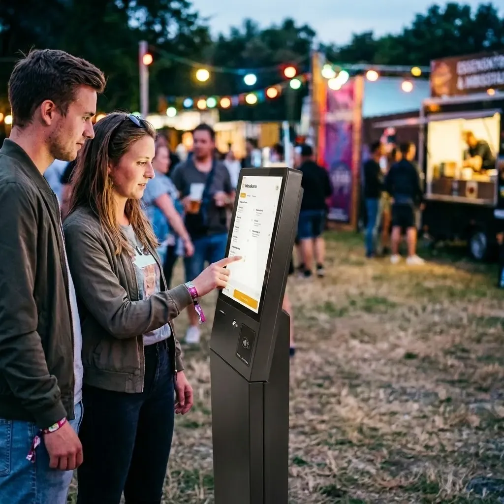 Zwei Besucher bestellen an einem grossen Self-Order-Screen auf dem Festivalgelände und bezahlen kontaktlos am Screen