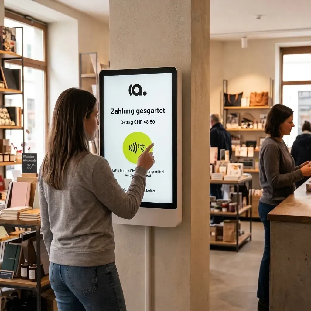Eine Kundin bestellt an einem grossen Self-Order-Screen im Laden und bezahlt kontaktlos am Screen