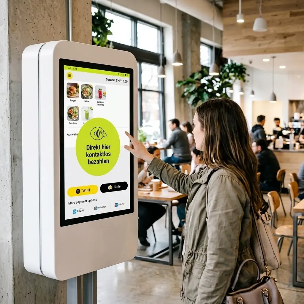 Ein Gast bestellt an einem grossen Self-Order-Screen im Take-away und bezahlt kontaktlos am Screen