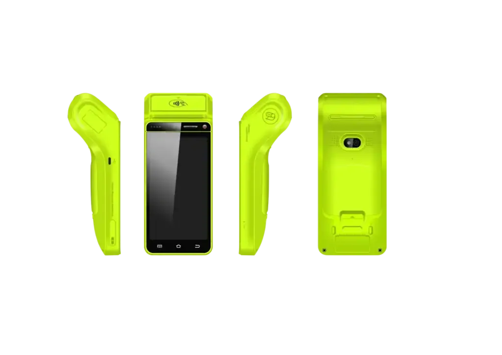 Mobiles Zahlterminal aus vier Blickwinkeln