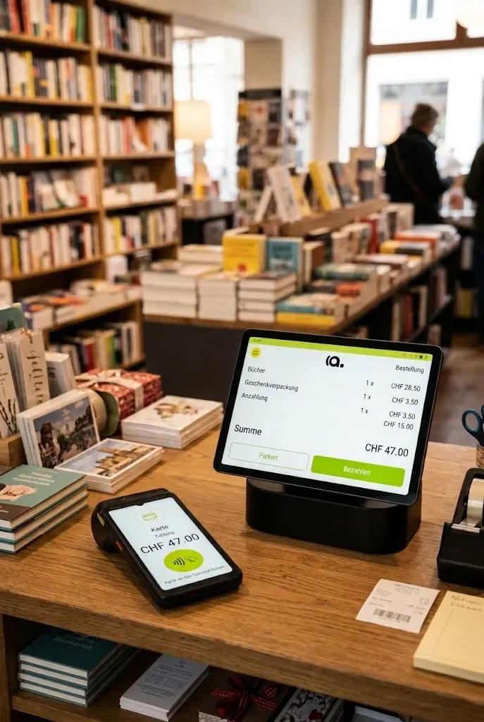 Eine Kasse mit Payment auf der Theke einer Buchhandlung, auf dem Bildschirm das Sortiment mit Büchern, Geschenkverpackung und Anzahlung