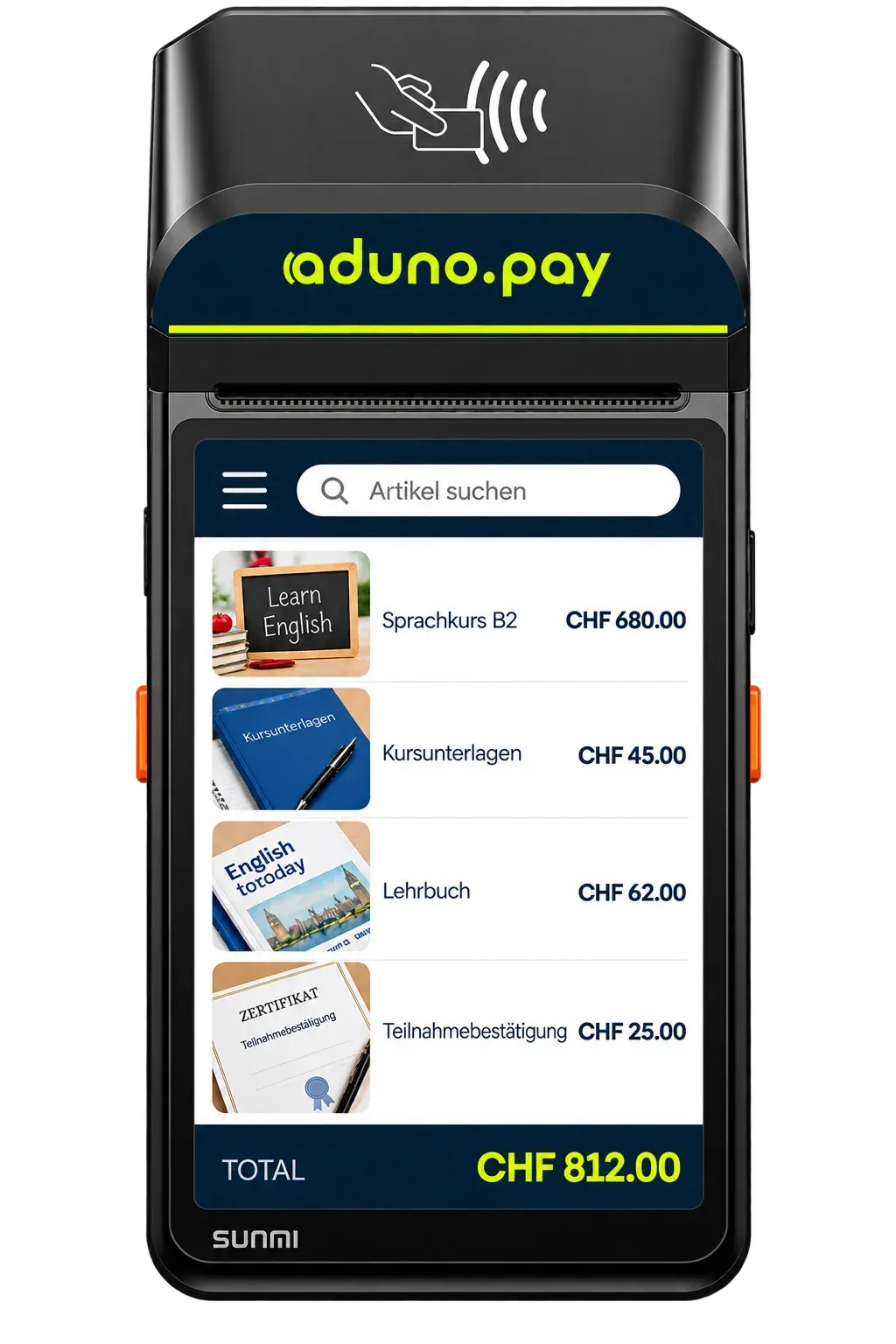 Ein Zahlungsterminal von Aduno Pay mit dem Sortiment einer Sprachschule auf dem Bildschirm: Sprachkurs, Kursunterlagen, Lehrbuch und Teilnahmebestätigung mit ihren Beträgen