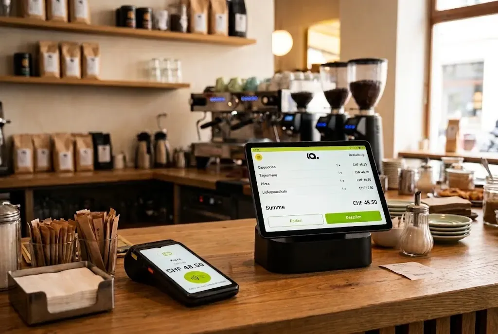 Eine Kasse mit Payment auf dem Tresen eines Cafés, auf dem Bildschirm die Karte mit Cappuccino, Tagesmenü, Pizza und Lieferpauschale
