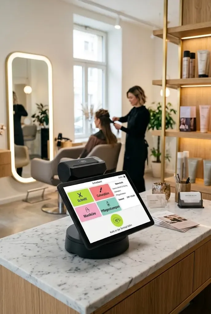 Eine Kasse mit Payment auf dem Empfangstresen eines Salons, auf dem Bildschirm der Katalog mit Schnitt, Coloration, Maniküre und Pflegeprodukt
