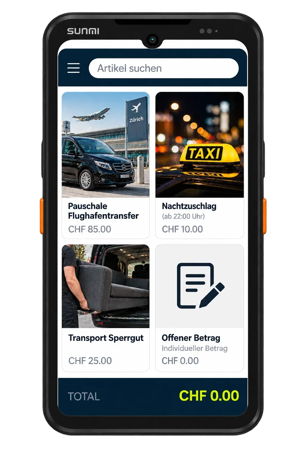 Ein mobiles Zahlungsterminal von Aduno Pay mit dem Sortiment eines Dienstleisters auf dem Bildschirm: Pauschale, Zuschlag und Trinkgeld
