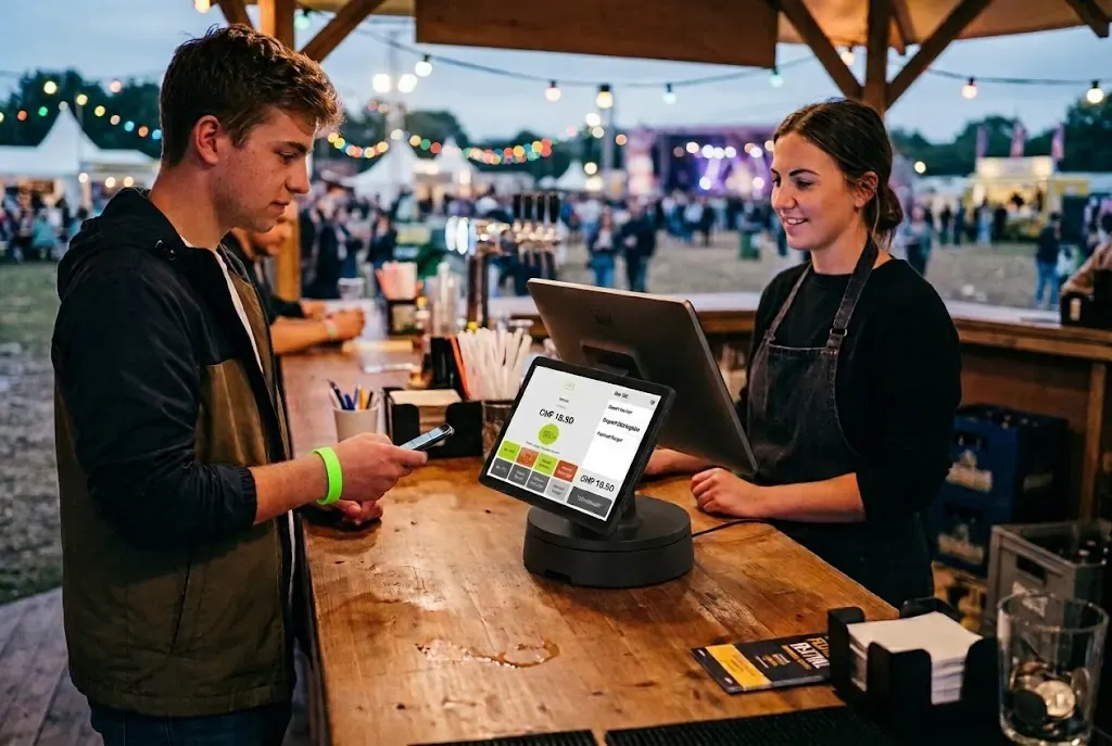 Eine Kasse mit Payment auf dem Bartresen, auf dem Bildschirm die Schnellwahl eines Festivalstands mit Bier, Depot und Burger