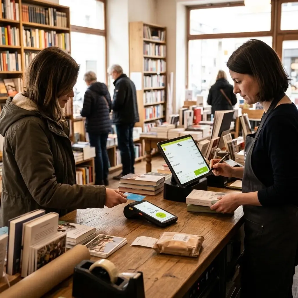 An der Theke einer Buchhandlung erfasst eine Verkäuferin ein Buch am Kassengerät, die Kundin bezahlt kontaktlos