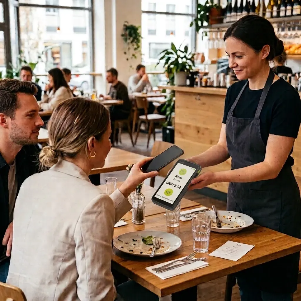 Eine Servicemitarbeiterin hält Gästen am Restauranttisch das mobile Kassengerät hin, ein Gast bezahlt kontaktlos