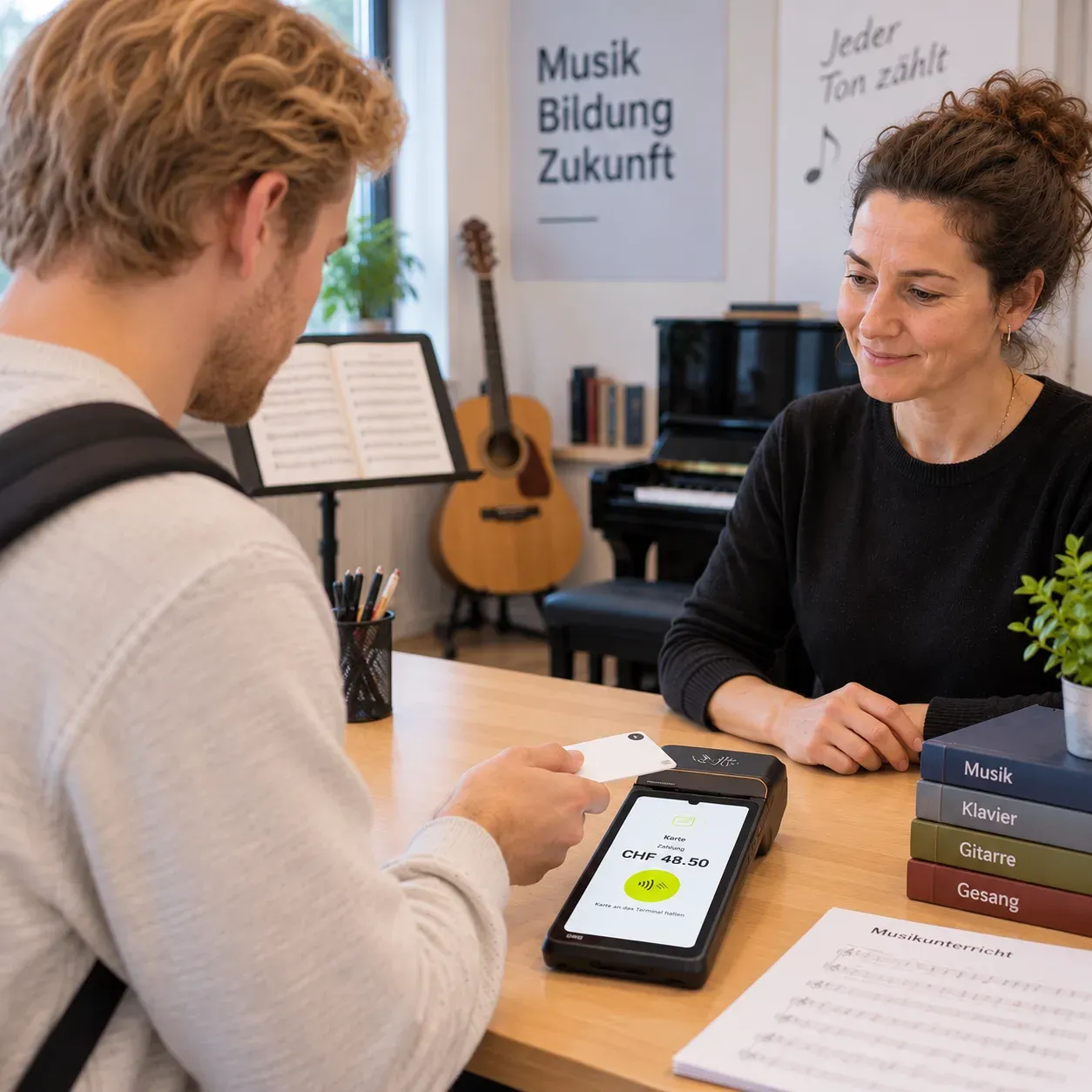 Ein Schüler bezahlt seine Musikstunde mit der Karte an einem mobilen Terminal im Unterrichtsraum